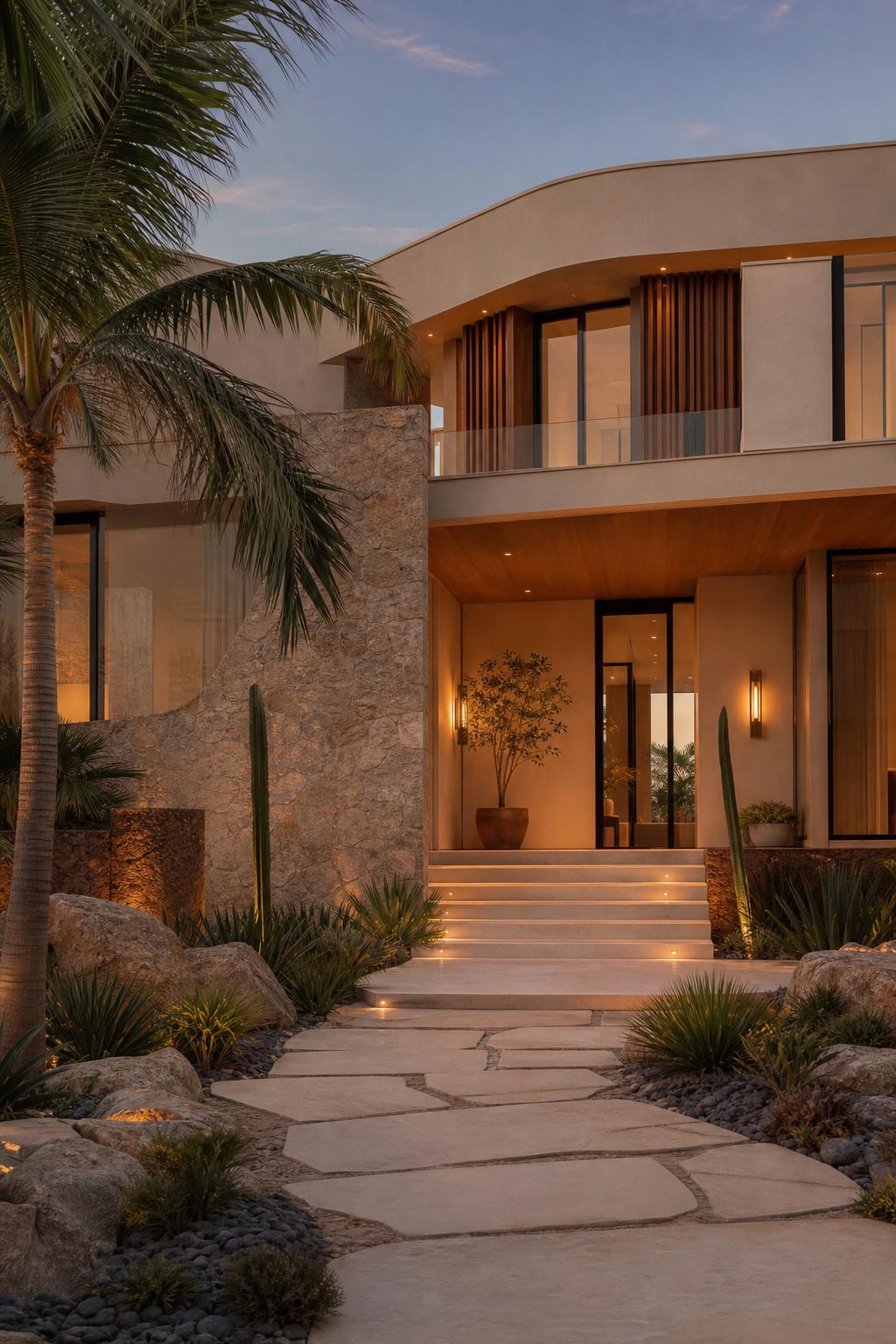 Organic modern Florida home exterior at dusk
