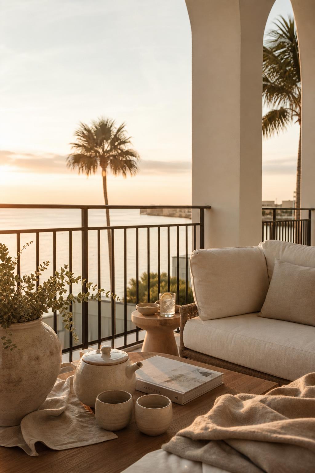Peaceful balcony with tea set at golden hour