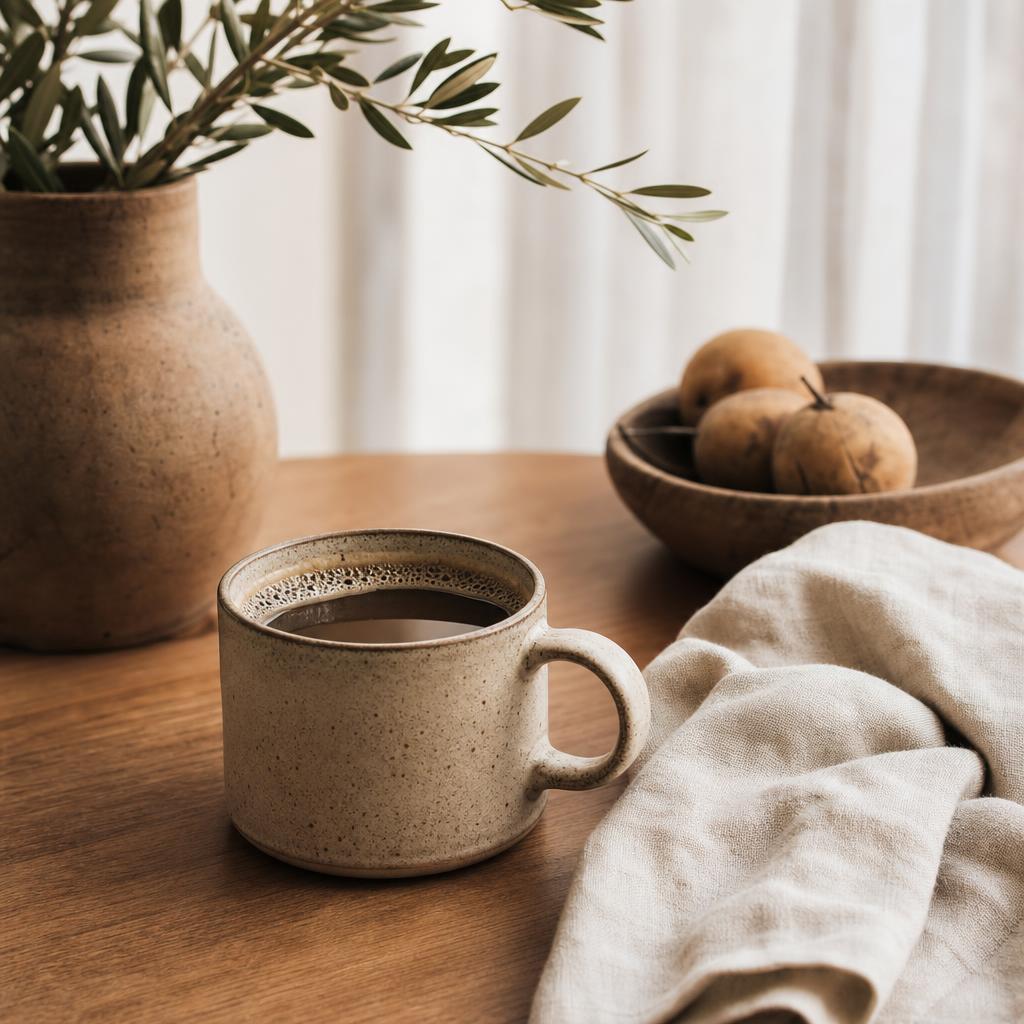 Morning coffee ritual with warm linen and ceramic cup