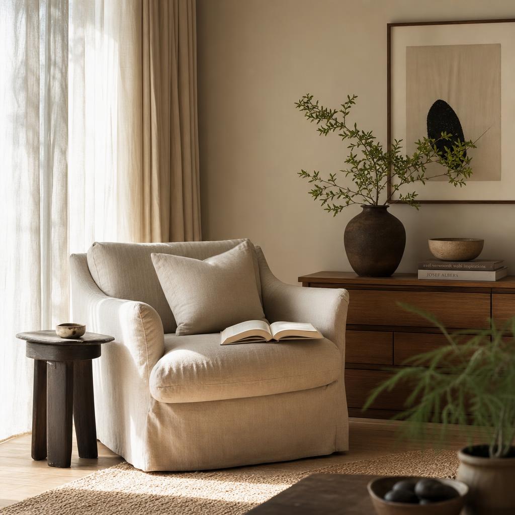 Quiet reading corner with linen armchair and soft light