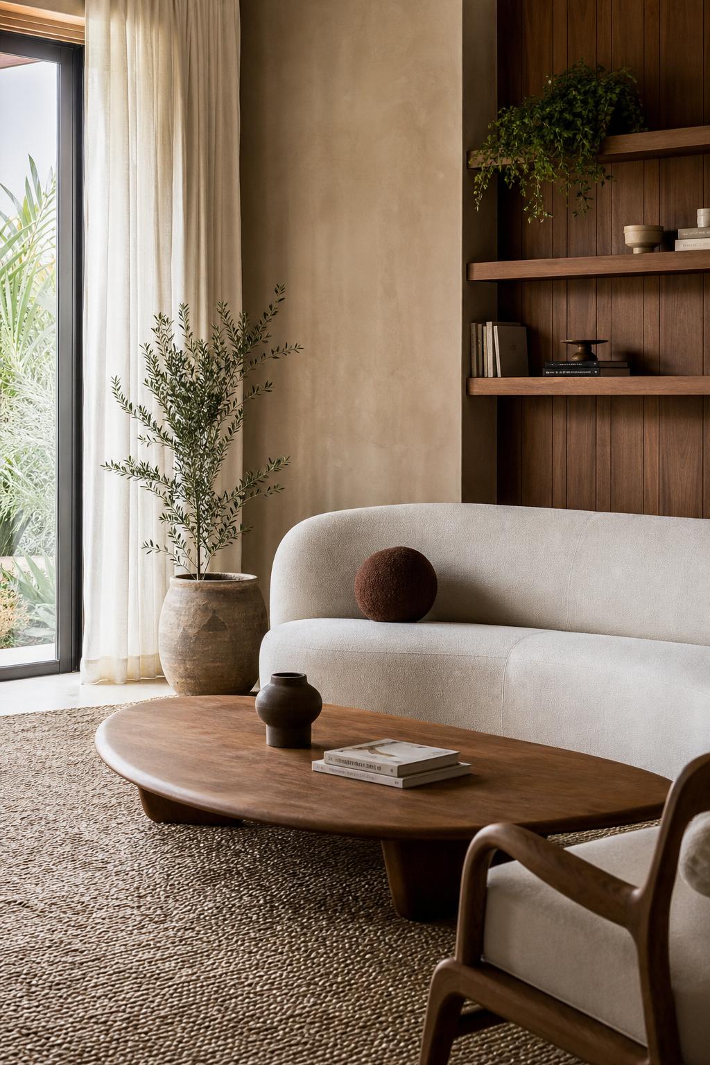 Organic modern living room with warm wood and linen textures