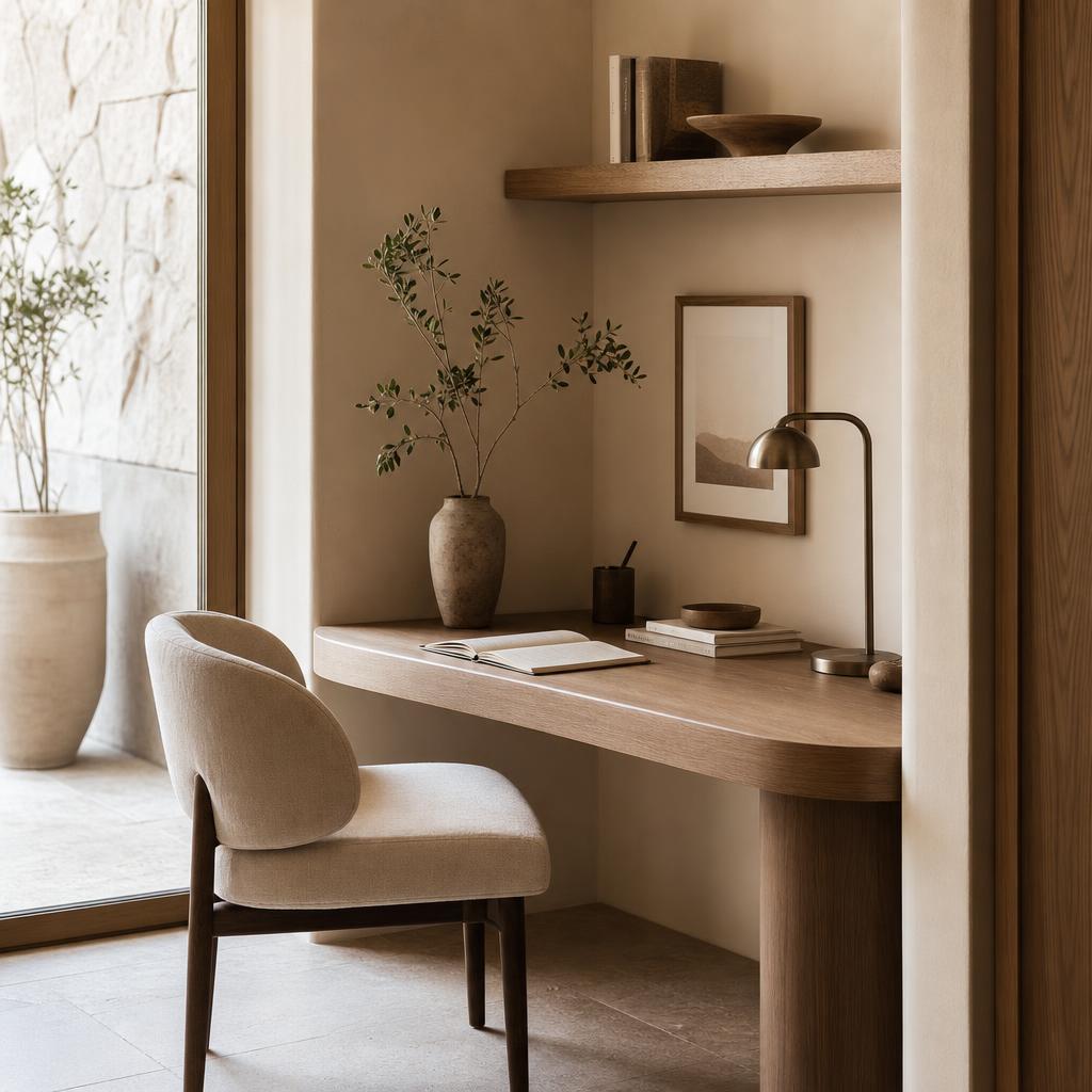 Warm minimal workspace nook in natural light